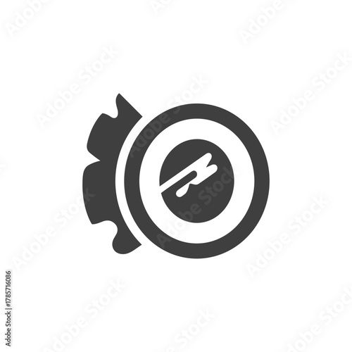 Minimalist black and white vector icon of a sushi roll next to a plate with a utensil.
