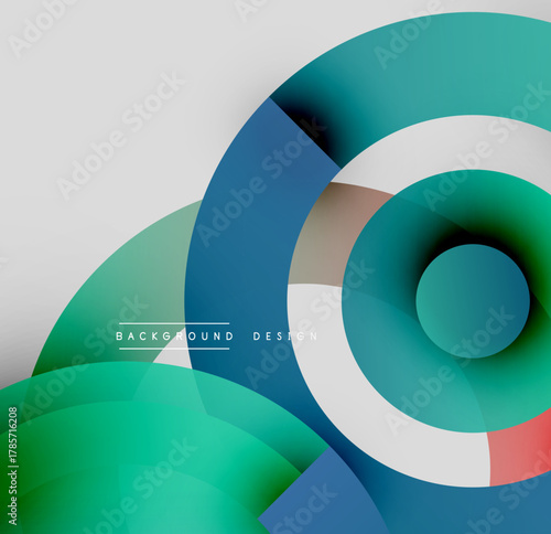 Abstract circles overlap, creating vibrant gradients. Modern design features cool blues, greens, hints of red. Minimalist background present.
