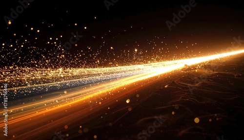 Golden light streak with sparkling particle trail on dark ground