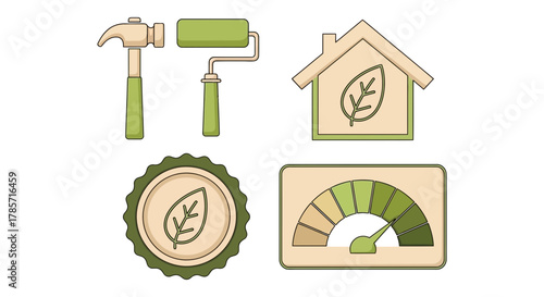 Green renovation tools, house, badge, and energy meter icons