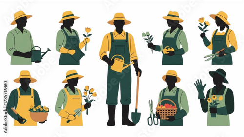 Set of gardeners in straw hats tending to plants and harvesting vegetables