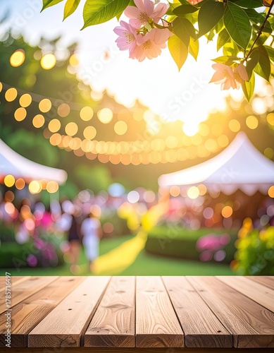Sunny party scene with bokeh lights over wooden table