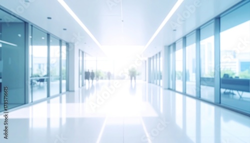 Blurred bright hallway, glass walls, modern, clean, bright
