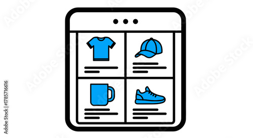 Modern e-commerce interface showing apparel, mug, and shoe product listings