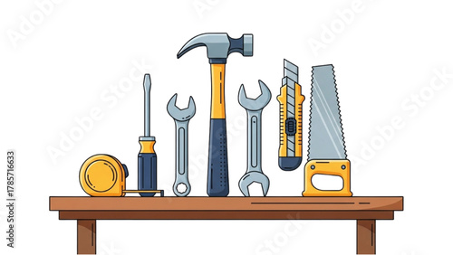 Vector illustration of essential construction and repair hand tools organized on a wooden shelf