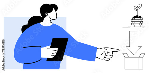 Woman holding a tablet points toward a plant sprouting on stacked coins and an arrow aimed at a box. Ideal for innovation, investment, guidance, decision-making, sustainability, growth, and resource