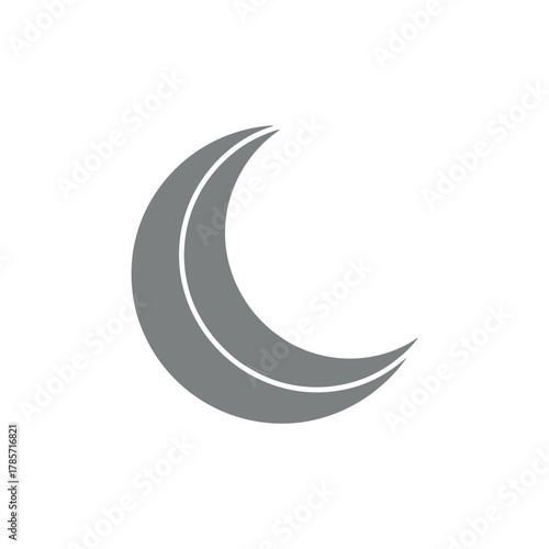 A detailed illustration of a crescent moon, showcasing its curved shape and gray color against a white background.