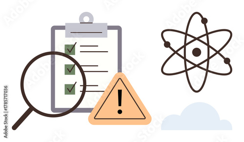Magnifying glass reviews checklist with green ticks, orange warning sign, atom symbol, cloud. Ideal for safety, science, research, analysis caution compliance or innovation. Simple flat metaphor