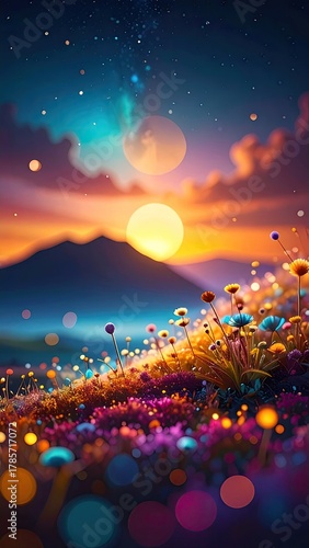 Dreamy hillside vista with wildflowers under a magical sunset