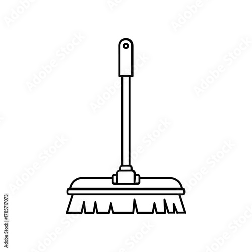 Line drawing of a cleaning tool, a broom with a long handle and bristles.