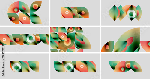 Abstract colorful shapes arranged in grid. Smooth gradients, overlapping forms create dynamic visual patterns. Modern design elements.