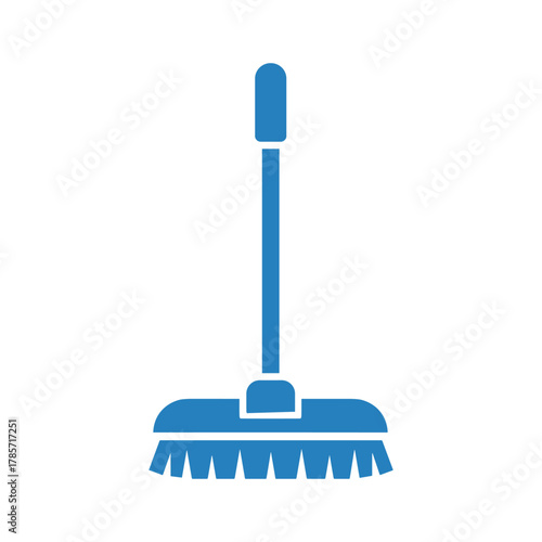 A simple blue icon representing a cleaning broom with a long handle and a wide brush head.
