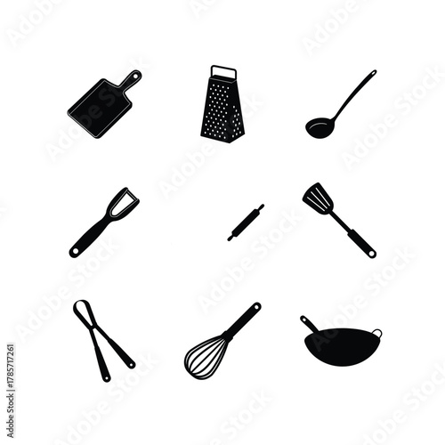 Kitchen tools collection tongs whisk cutting board grater vector art