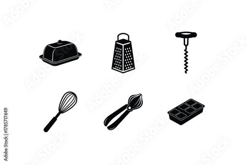 Cooking tools set whisk tongs corkscrew butter dish grater tray vector art