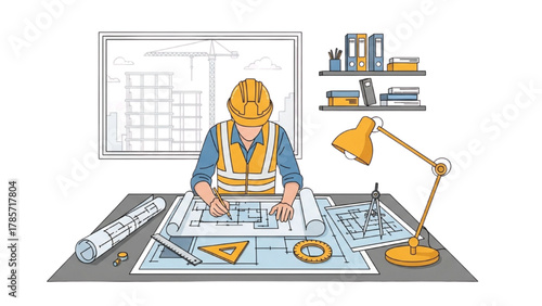 Architect or engineer working on blueprints at a desk with tools and construction site in background