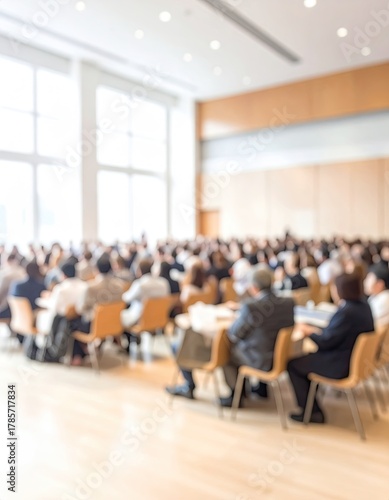 Blurred audience in a bright, spacious conference room