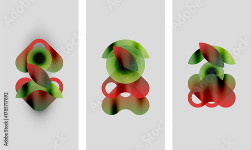 Abstract artwork. Three panels display overlapping translucent shapes. Red, green hues dominate composition. Minimalist design, soft gradients present.