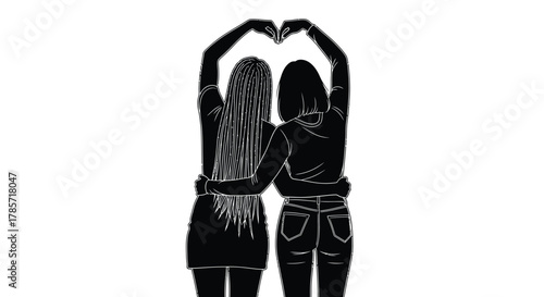 Two women form heart shape with arms, symbolizing friendship and love
