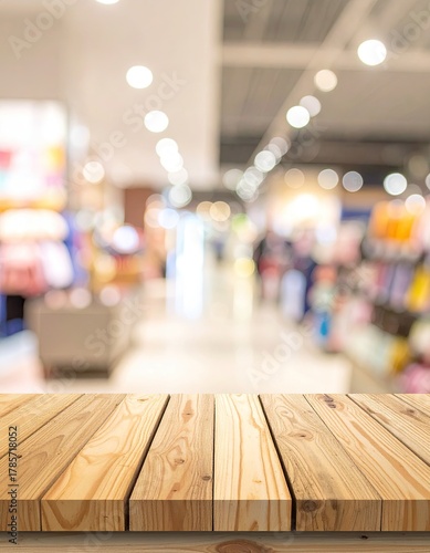 Wood tabletop before a blurred store aisle