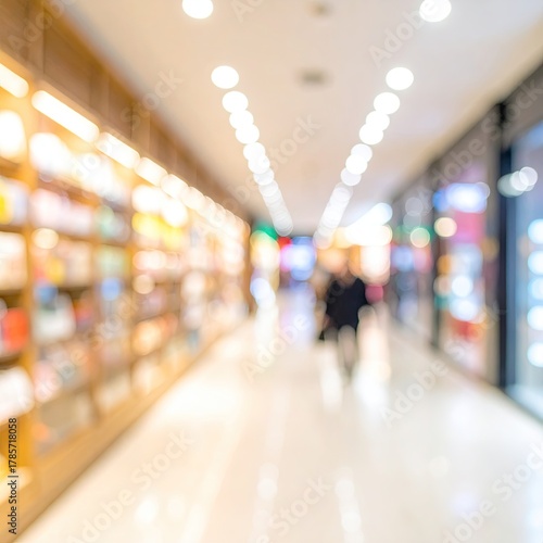 Blurred mall hallway, shelves, and lights