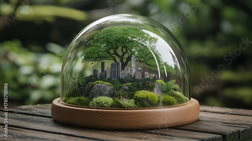 Terrarium with miniature city and green tree