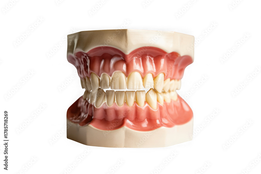 Obraz premium Artificial dental model showing upper and lower teeth in pink gums isolated on white background