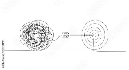 Conceptual continuous one line drawing illustrating the transition from chaos to clarity, a tangled path leading to a clear goal