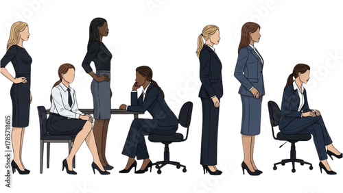 Businesswomen in varied professional postures for corporate and workplace representation