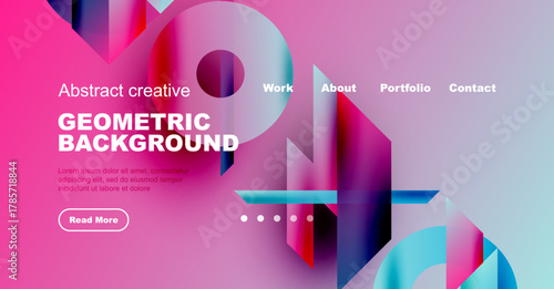 Vibrant abstract design. Geometric shapes overlap, creating dynamic visual experience. Text promotes portfolio, contact options.