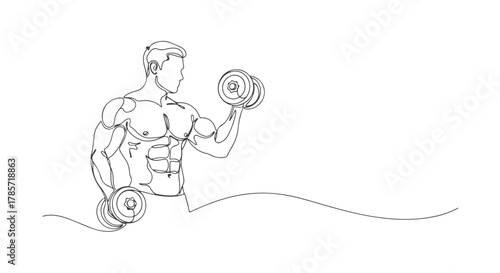 Continuous one line drawing of a strong athletic man performing bicep curls with dumbbells. Minimalist vector illustration for fitness concepts. e