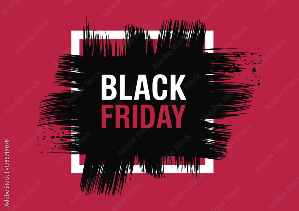 Fototapeta premium Black Friday Grunge Square Banner – Red, Black and White Brush Stroke Design with Square Frame, Bold Vector Sale Poster for Store Promotion and Marketing