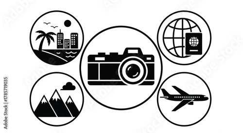 Travel and photography concept with camera, passport, and destinations
