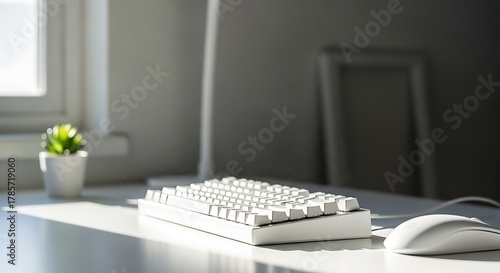 밝은 햇살 아래 놓인 흰색 키보드, 미니멀한 작업 공간을 아름답게 담아내다