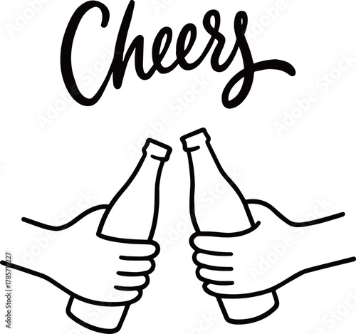 "Cheers" lettering with two hands toasting bottles. Outline vector illustration for celebration, greeting card, or party invitation design.