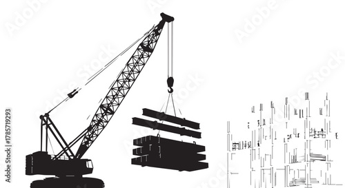 A construction crane lifts steel beams, a silhouette against a bright background, symbolizing industrial progress and building processes.