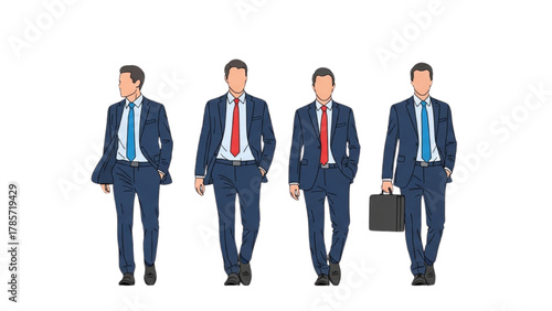 Businessmen in Suits Walking with Briefcase and Without, Front and Side Views