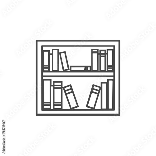 A simple line drawing of a bookshelf filled with various books, depicting organization.