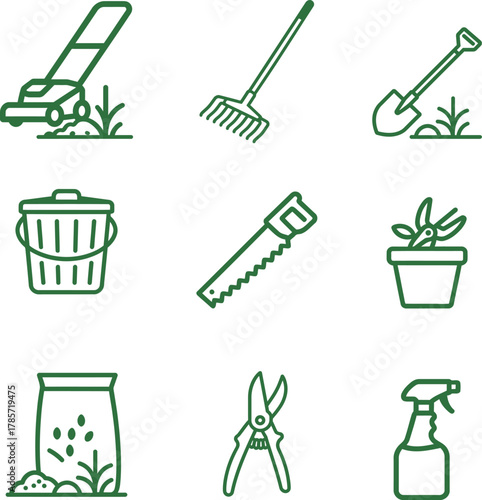 Green outline icon set of gardening tools. Vector line art symbols for lawn care, planting, and horticulture.