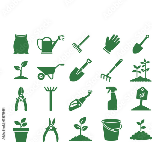 Large set of green gardening tool silhouette icons. Vector graphics for agriculture, planting, and garden maintenance concepts.
