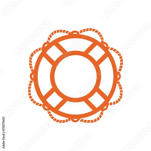 Stylized orange life preserver ring with a decorative rope on a white background.