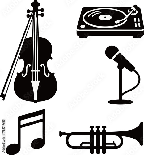 Black silhouette vector icon set of musical instruments and equipment. Includes turntable, microphone, trumpet, violin, and music note.