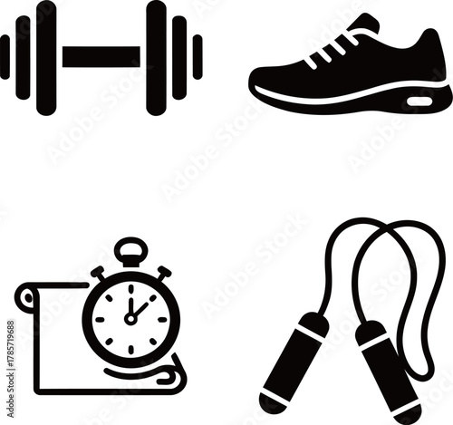 Black silhouette vector icon set for fitness and gym. Includes dumbbell, sneaker, jump rope, and stopwatch for workout.