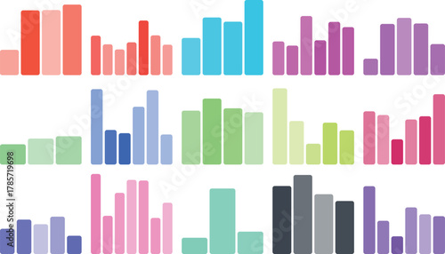 Colorful bar charts for diverse data statistics analysis visualization trends