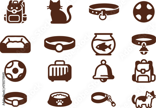 Brown vector icon set of pet accessories. Symbols for cat care, pet shop, food bowl, and travel carrier.