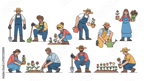 Diverse Gardeners and Farmers Engaged in Planting, Cultivating, and Watering Plants and Flowers