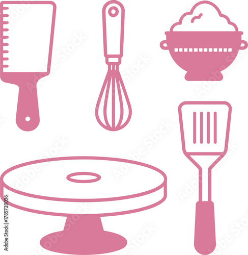 Pink vector icon set for baking and cake decorating. Collection of pastry tools including whisk, spatula, and cake stand.
