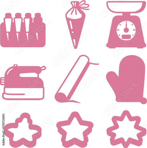 Collection of pink baking icons. Vector set with kitchen scale, mixer, oven mitt, and cookie cutters for pastry.