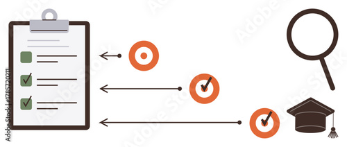 Tasks on a checklist linked with arrows to targets, magnifying glass, and graduation cap. Ideal for planning, goal setting, education, productivity, progress tracking achievement focus. Simple flat