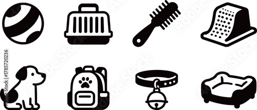 Black vector icon set for dog accessories and pet care. Includes puppy, carrier, pet bed, collar, and grooming tools.