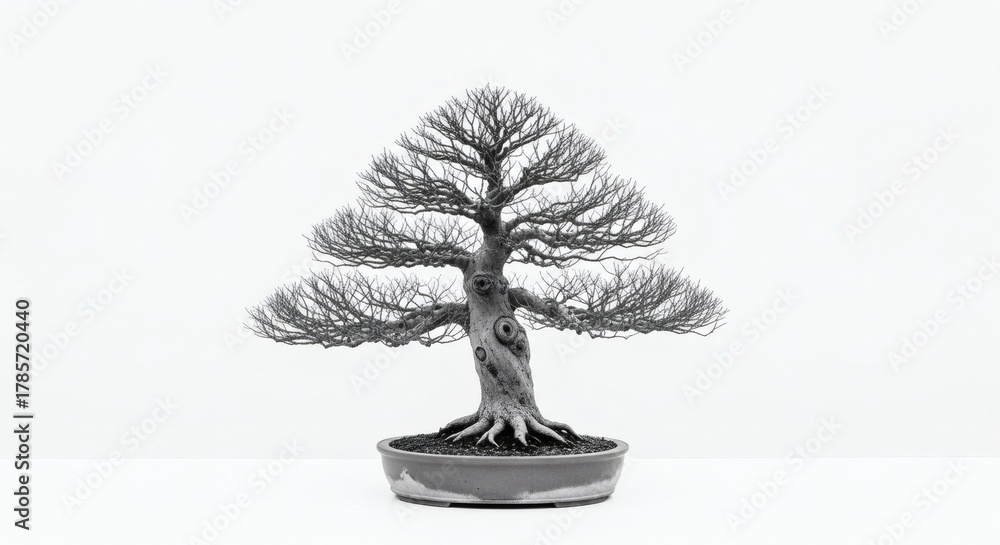 Fototapeta premium Serene Bonsai Miniature tree on white backdrop with zen aesthetic.